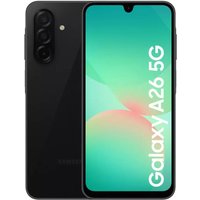 Black Samsung Galaxy A26 5G smartphone with triple rear cameras, 6.5-inch display, and 128GB storage.