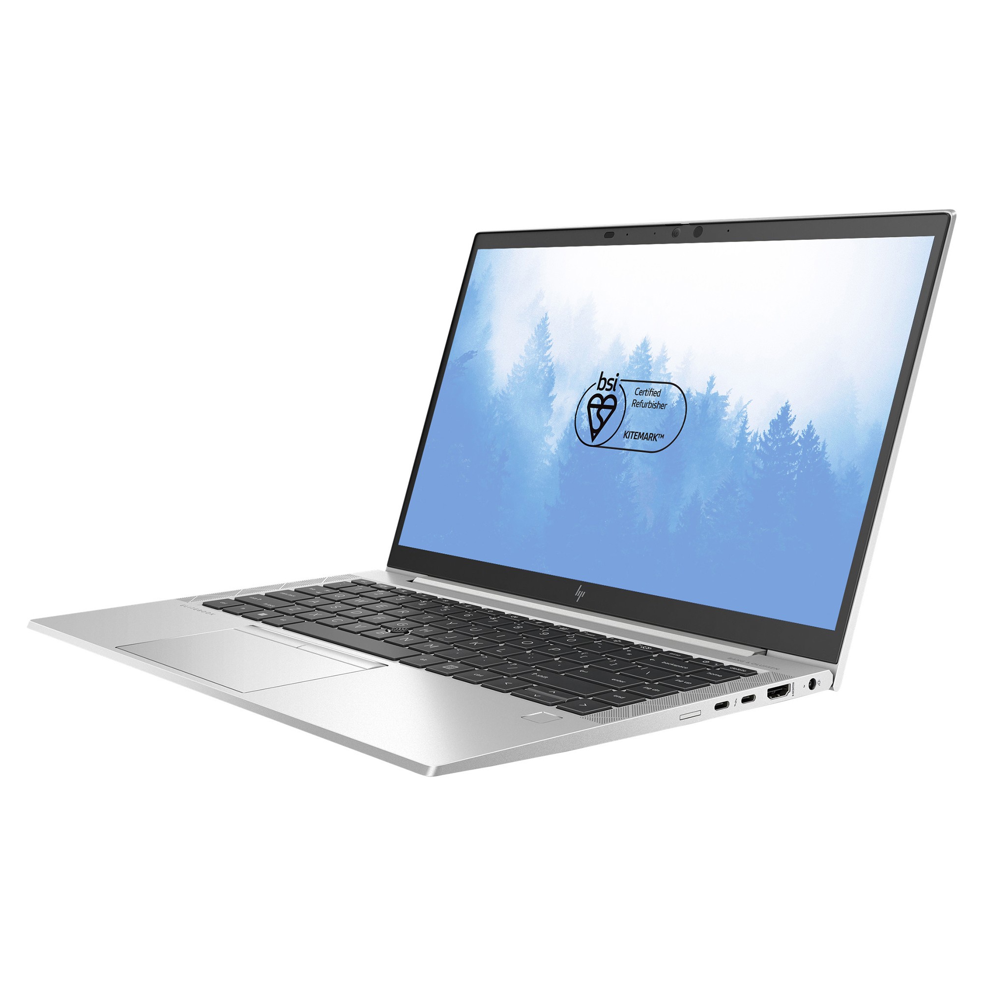Silver HP EliteBook 840 G7 laptop with a 14" FHD display, featuring an Intel i5 10th Gen processor, 16GB RAM, 256GB SSD, and Windows 11 Pro, showcasing a sleek design.