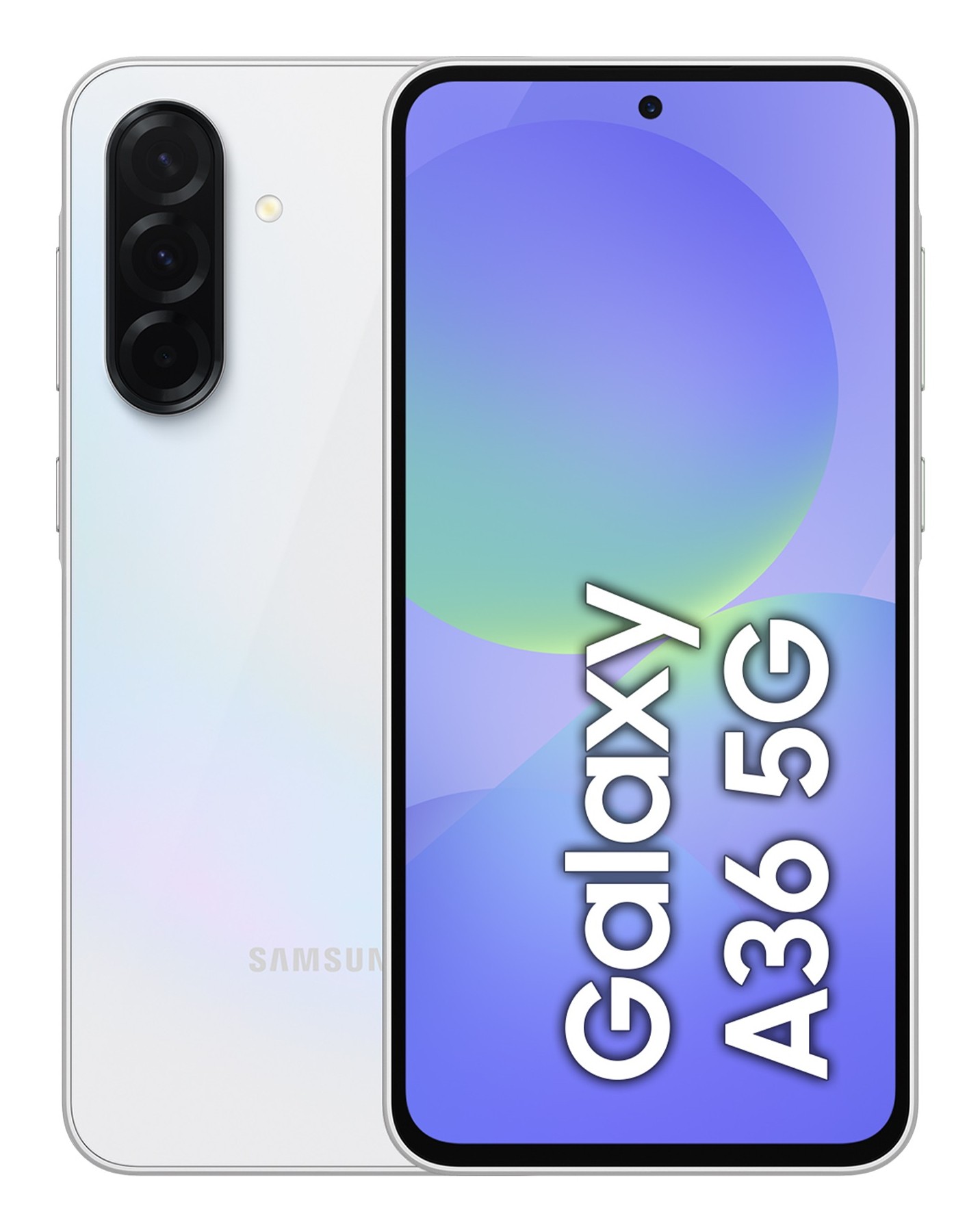 Samsung Galaxy A36 in Awesome White features a sleek design with a 6.7" display, triple rear cameras, and 8GB RAM with 256GB storage, showcasing a modern aesthetic.