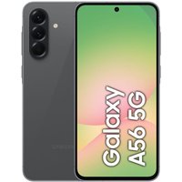 Samsung A56 5G smartphone in graphite, triple rear cameras, edge-to-edge display, 8GB RAM, 128GB storage.