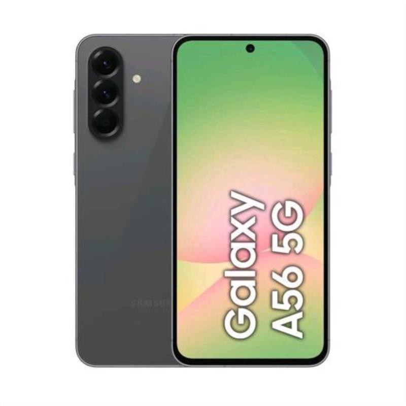 Samsung Galaxy A56 5G in gray, featuring a 6.7-inch display, dual SIM capability, and a sleek design with three rear cameras and a centered front camera.