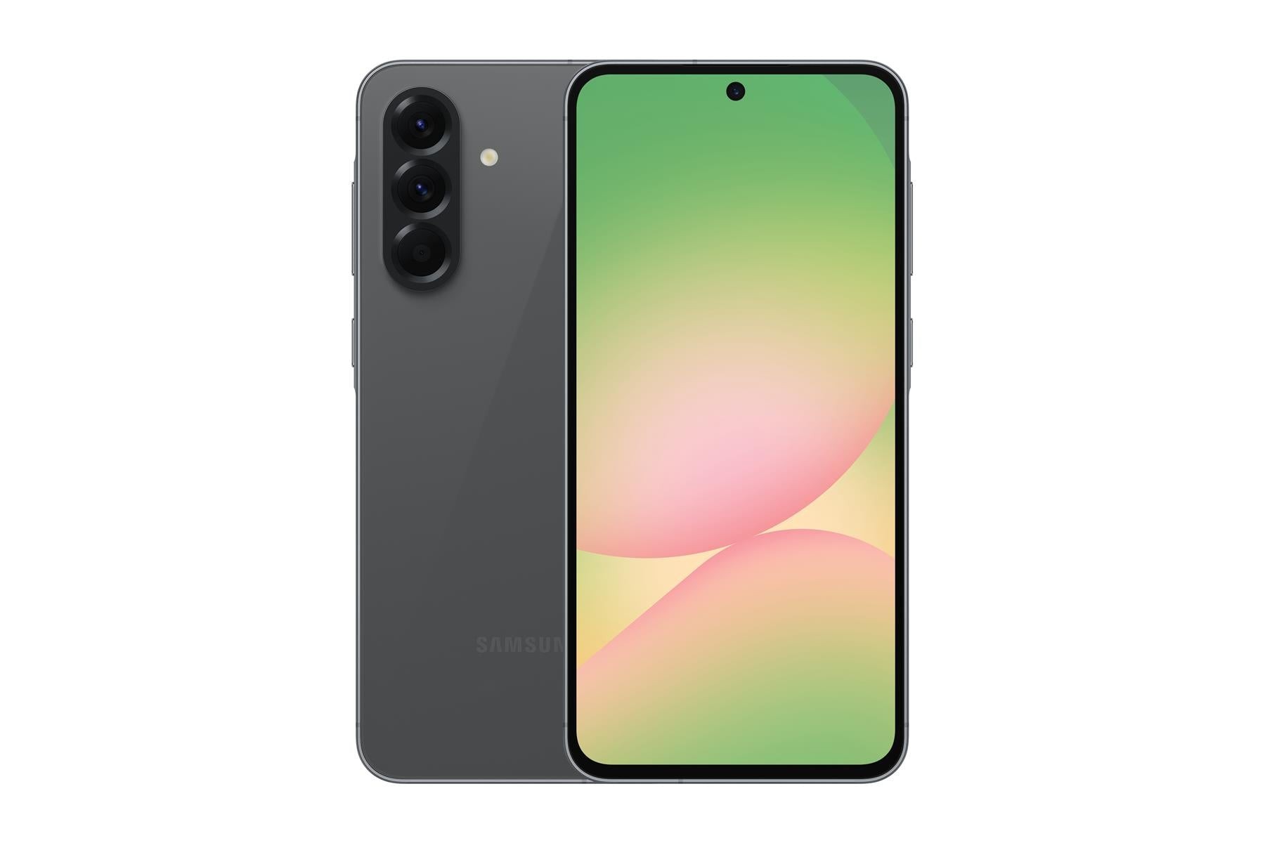 Samsung Galaxy A56 smartphone in Awesome Olive, featuring a 6.7-inch display, 256GB storage, and a sleek design with three rear cameras and a centered front camera.