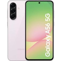 Samsung A56 5G smartphone in Awesome Pink, triple rear cameras, 8/128Gb, edge-to-edge display with centered front camera.