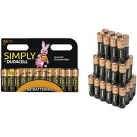 Duracell AA batteries pack of 12 with copper tops and black bodies, featuring Duracell bunny logo on packaging.