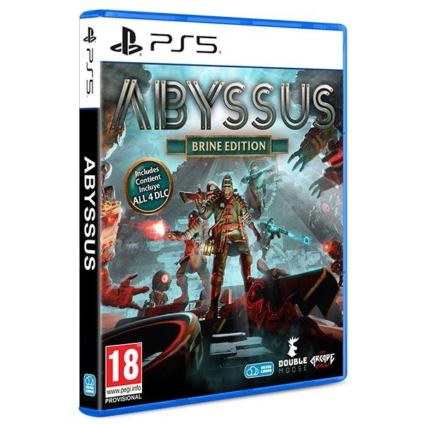 Abyssus Brine Edition for PS5 features a vibrant cover with a futuristic warrior, dark blue and red accents, and includes all 4 DLC, rated 18+.