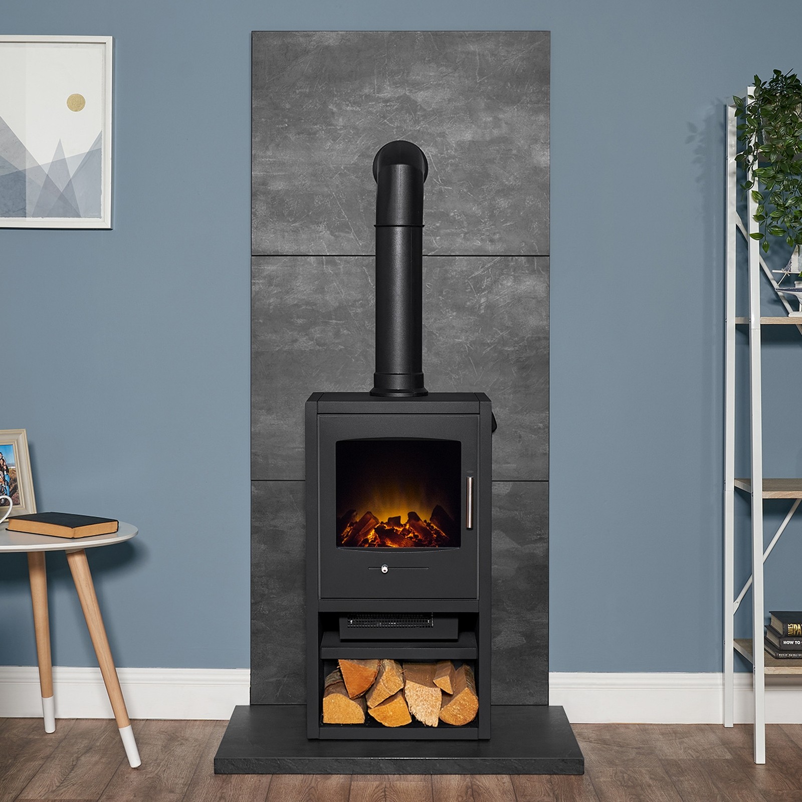 Acantha Slate Venetian Plaster Effect Tile and Hearth Set with Bergen XL Stove and Angled Pipe - image 2