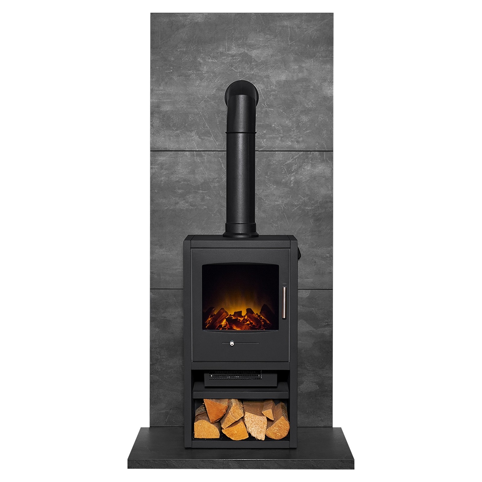Slate Venetian plaster effect tile backdrop features a Bergen XL stove in matte black with a glass front, showcasing a realistic flame effect and a wood storage compartment below.
