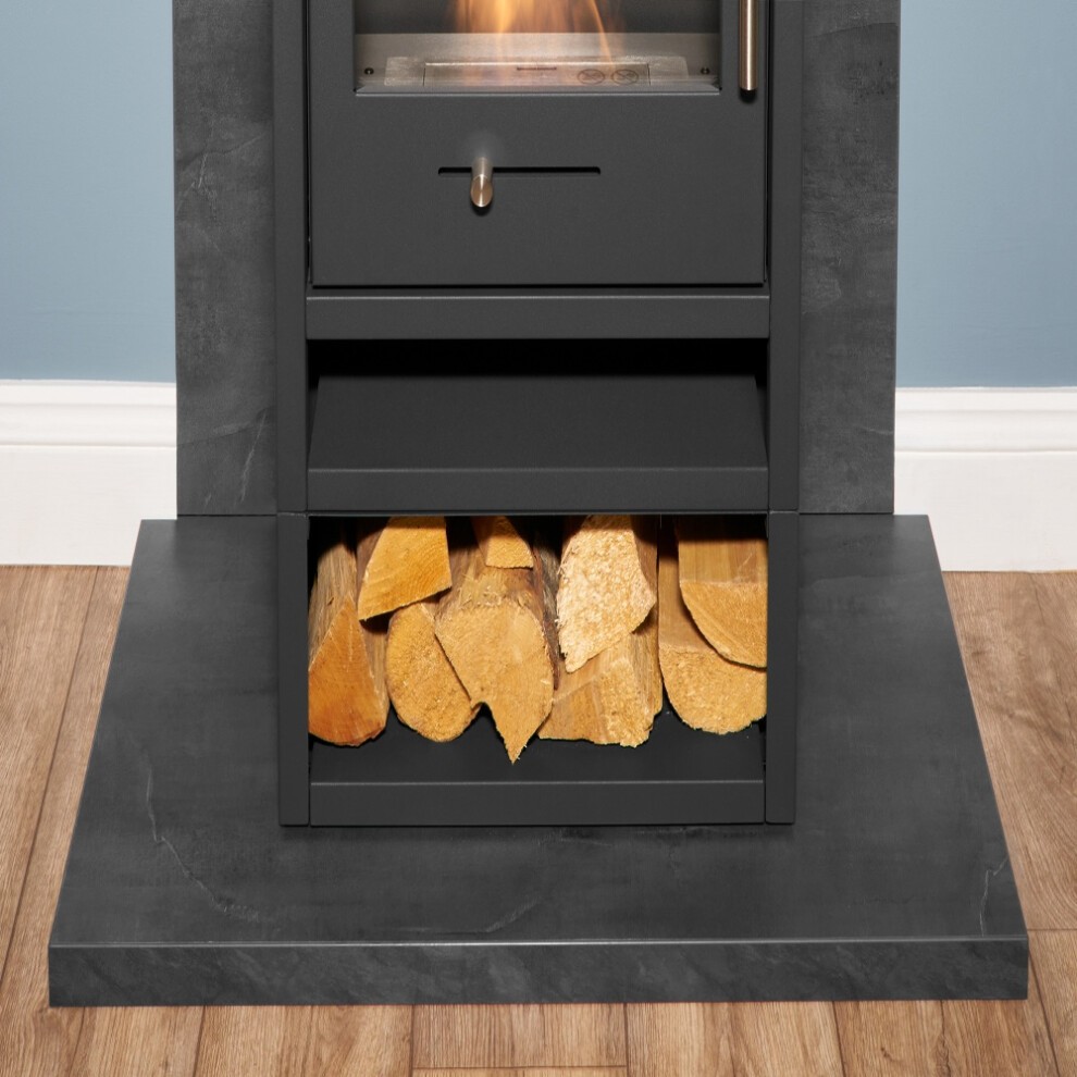 Acantha Slate Venetian Plaster Effect Tile and Hearth Set with OKO S1 Stove Log Store - image 3