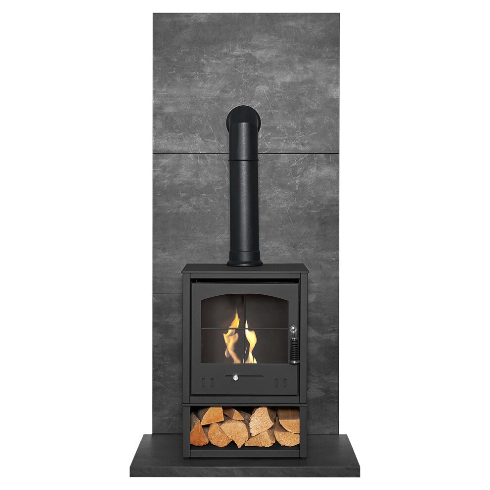 Acantha Slate Venetian Plaster Effect Tile and Hearth Set with OKO S2 Stove Log Store - image 4