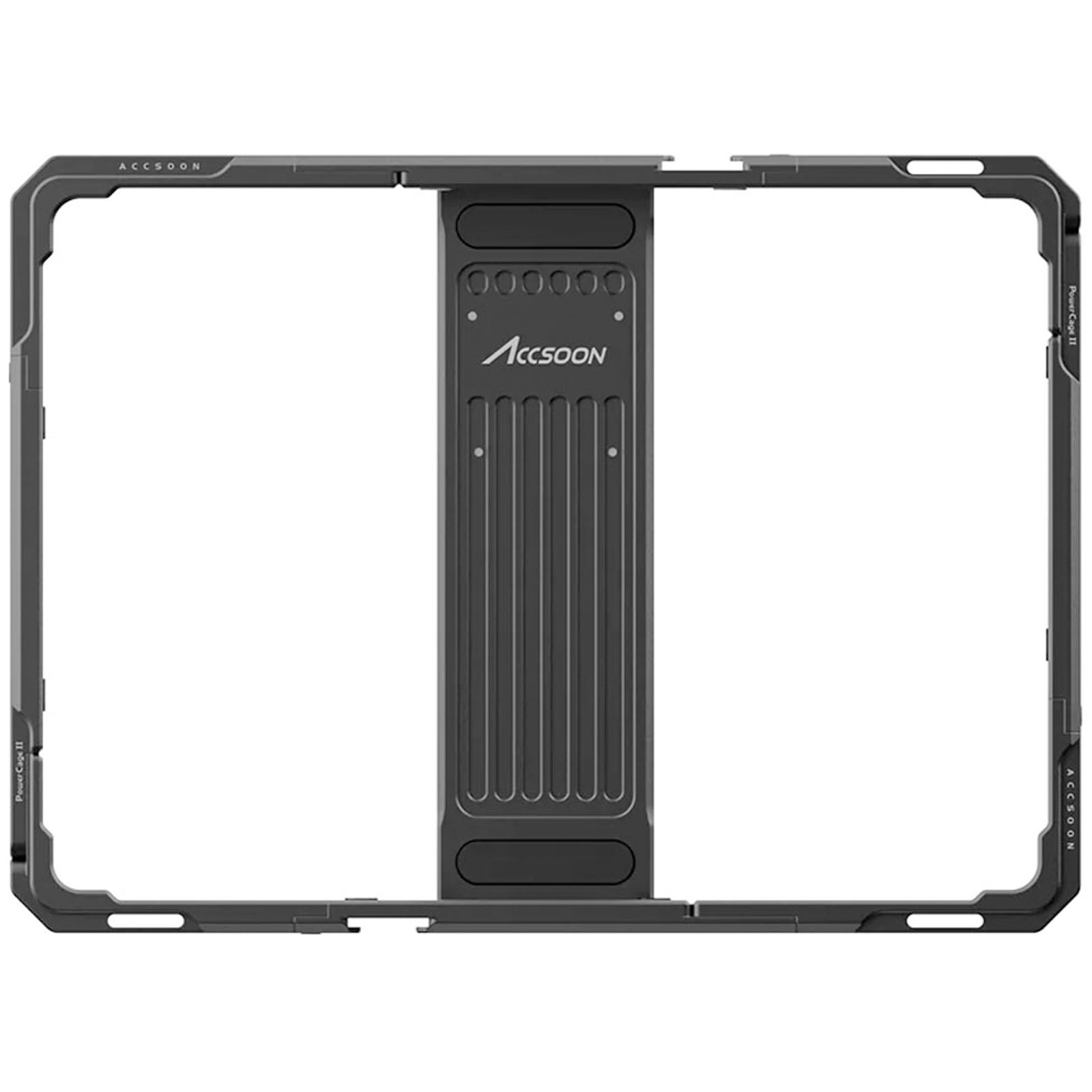 Accsoon iPad PowerCage II in black aluminum features a sturdy frame with multiple mounting points and a textured grip area for enhanced handling.