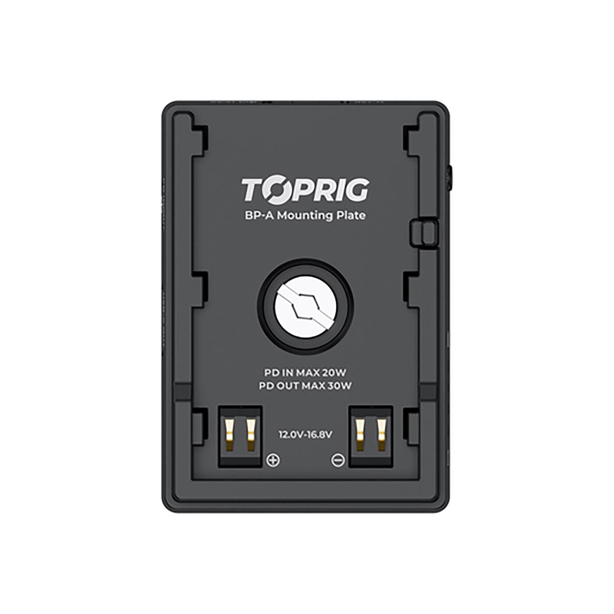 Black Accsoon TopRig BP-a Battery Plate with a central locking mechanism, two USB ports labeled PD IN and PD OUT, and a sleek, durable design for mounting.