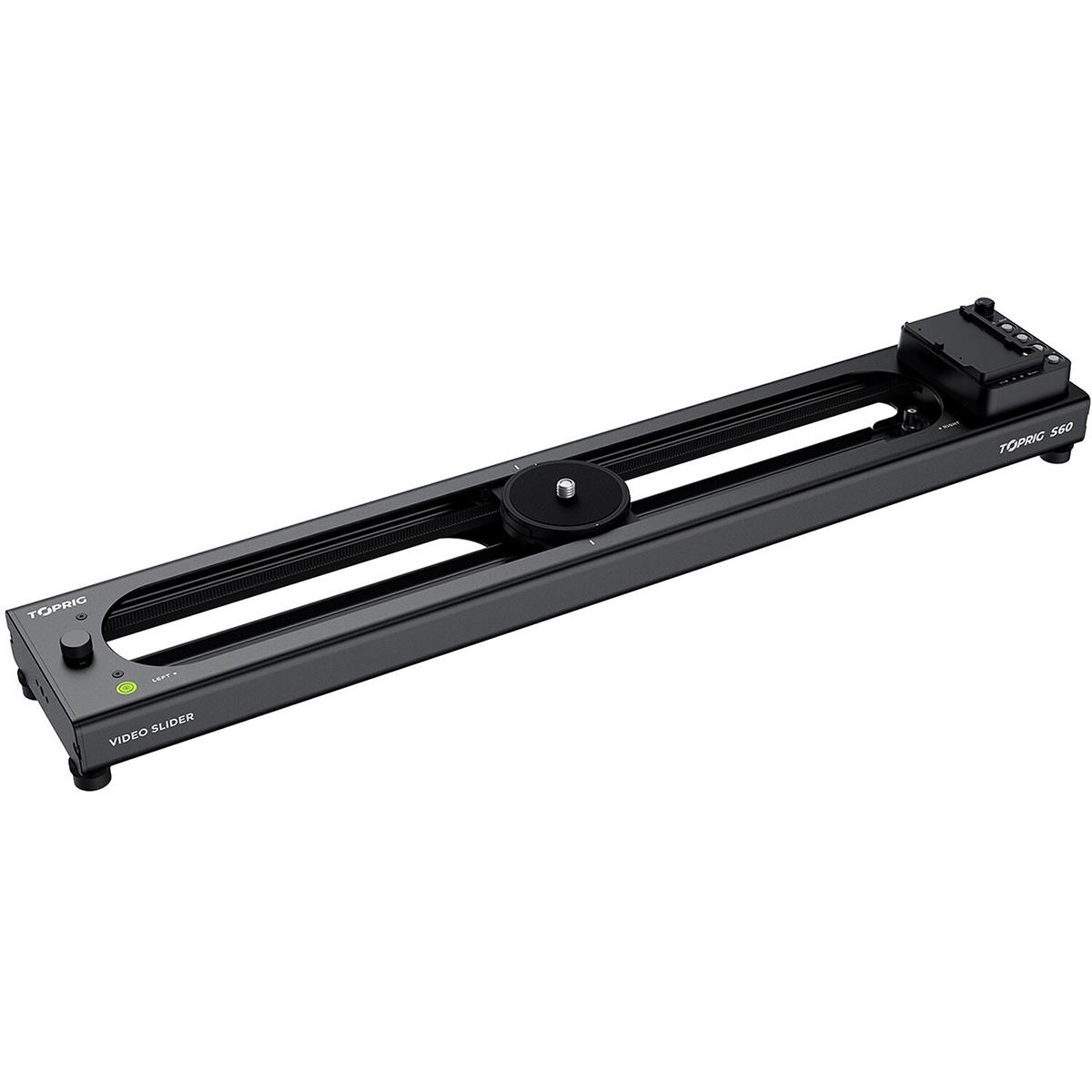 Accsoon TopRig S60 is a sleek black camera slider made of aluminum, featuring a smooth rail system, a central wheel, and LED indicators for easy operation.