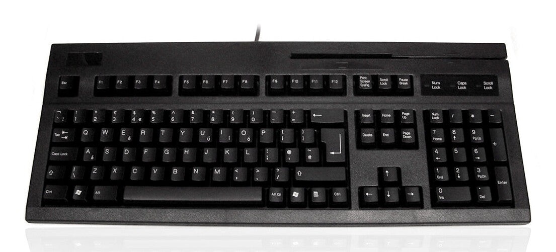 Black full-size USB keyboard featuring Cherry MX switches, a built-in magnetic card swipe slot, and standard key layout with function keys and numeric keypad.