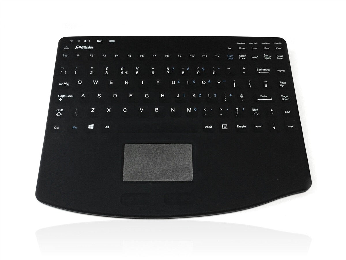 Black wireless QWERTY keyboard with UK English layout, featuring a built-in touchpad, low-profile keys, and a sleek design suitable for medical environments.
