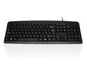 Full-size black USB keyboard with 105 keys, featuring a sleek design, standard layout, and a durable plastic finish for everyday use.