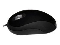 Black, ergonomic 3-button mouse with an extra wide illuminated scroller, featuring a smooth plastic finish and a sleek design for comfortable use.