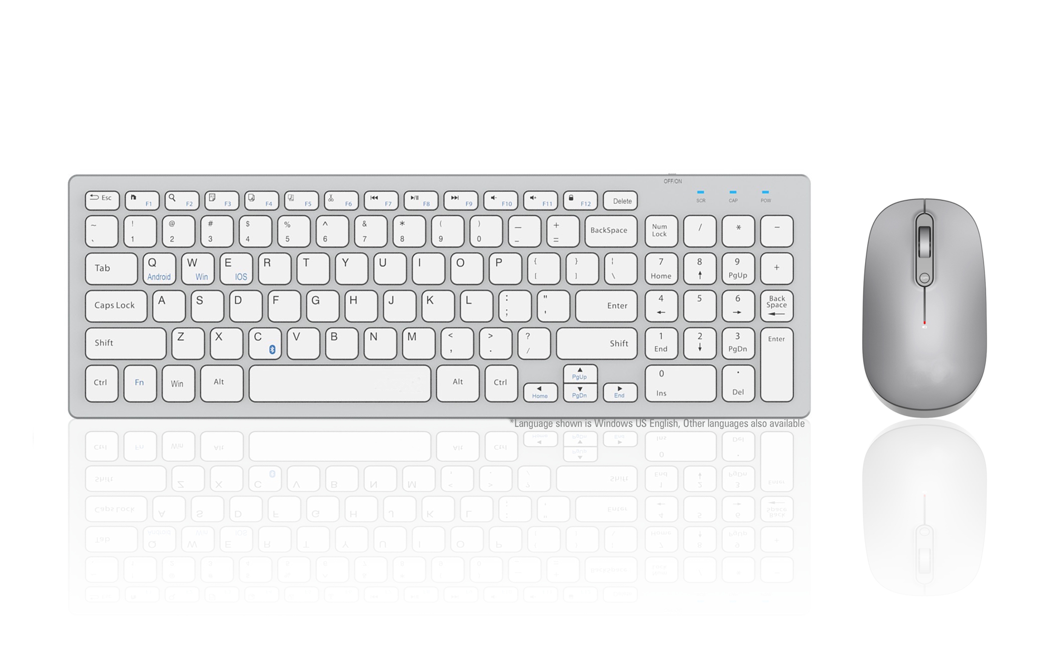 White wireless keyboard with a sleek design, featuring low-profile keys and a compact layout, accompanied by a matching gray wireless mouse.