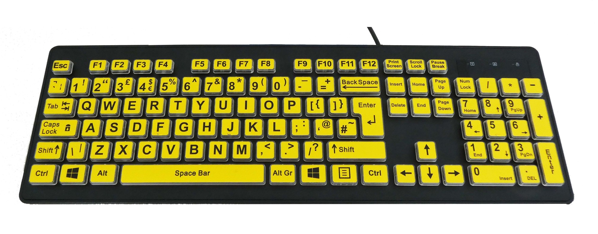 Bright yellow high contrast wired USB keyboard with black base, featuring large, clear keys, including function keys and a space bar, designed for enhanced visibility and accessibility.