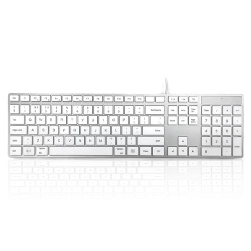 Full-size USB-C multimedia keyboard in silver and white, featuring a sleek design, white keys with black lettering, and a compact layout for Mac compatibility.
