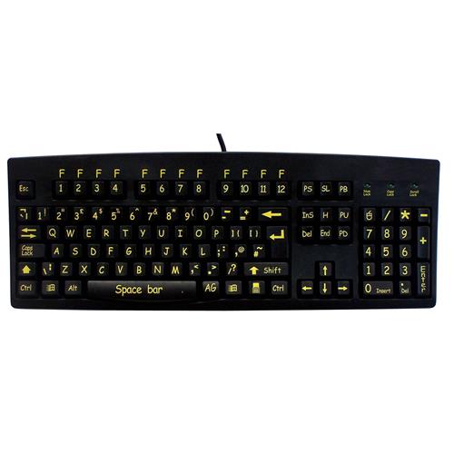 Black wired USB keyboard featuring high visibility yellow lettering on keys, designed for professional use, with a standard layout including function and navigation keys.