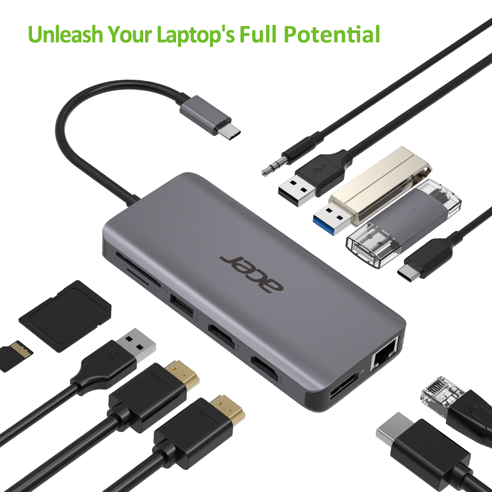 Acer 12-in-1 Type C port hub in sleek gray, featuring multiple ports including USB, HDMI, and Ethernet, with connected cables and accessories arranged around it.