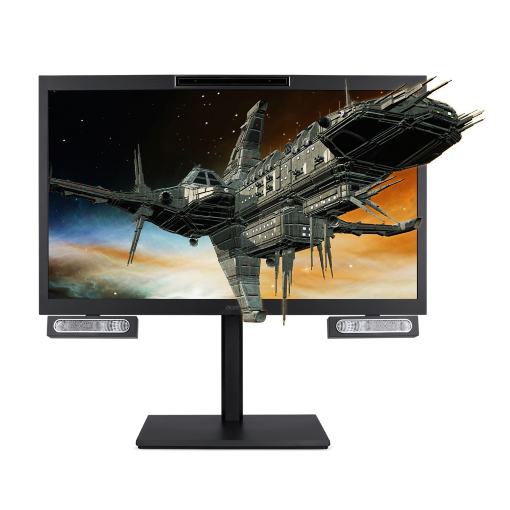 27" Acer 3D SpatialLabs View Pro monitor with a sleek black frame, displaying a vibrant 4K image, featuring dual speakers on the base and a sturdy stand.