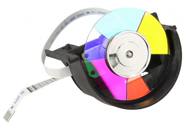 Colorful fan assembly with a circular design featuring segments in blue, pink, yellow, and green, attached to a black casing and a flat ribbon cable.