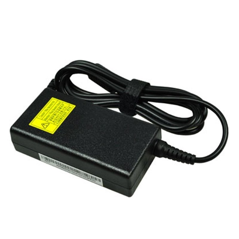 Black Acer 65W AC power adapter with a textured surface, featuring a yellow warning label, a black power cord, and a connector at one end.