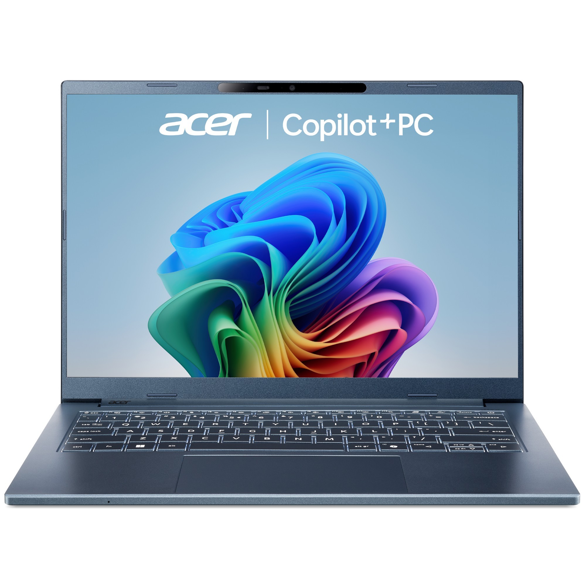 Acer Aspire 14 notebook with a sleek silver design, 14" WUXGA display, backlit keyboard, and Windows 11 Copilot+ interface, featuring Qualcomm Snapdragon processor and 16 GB RAM.