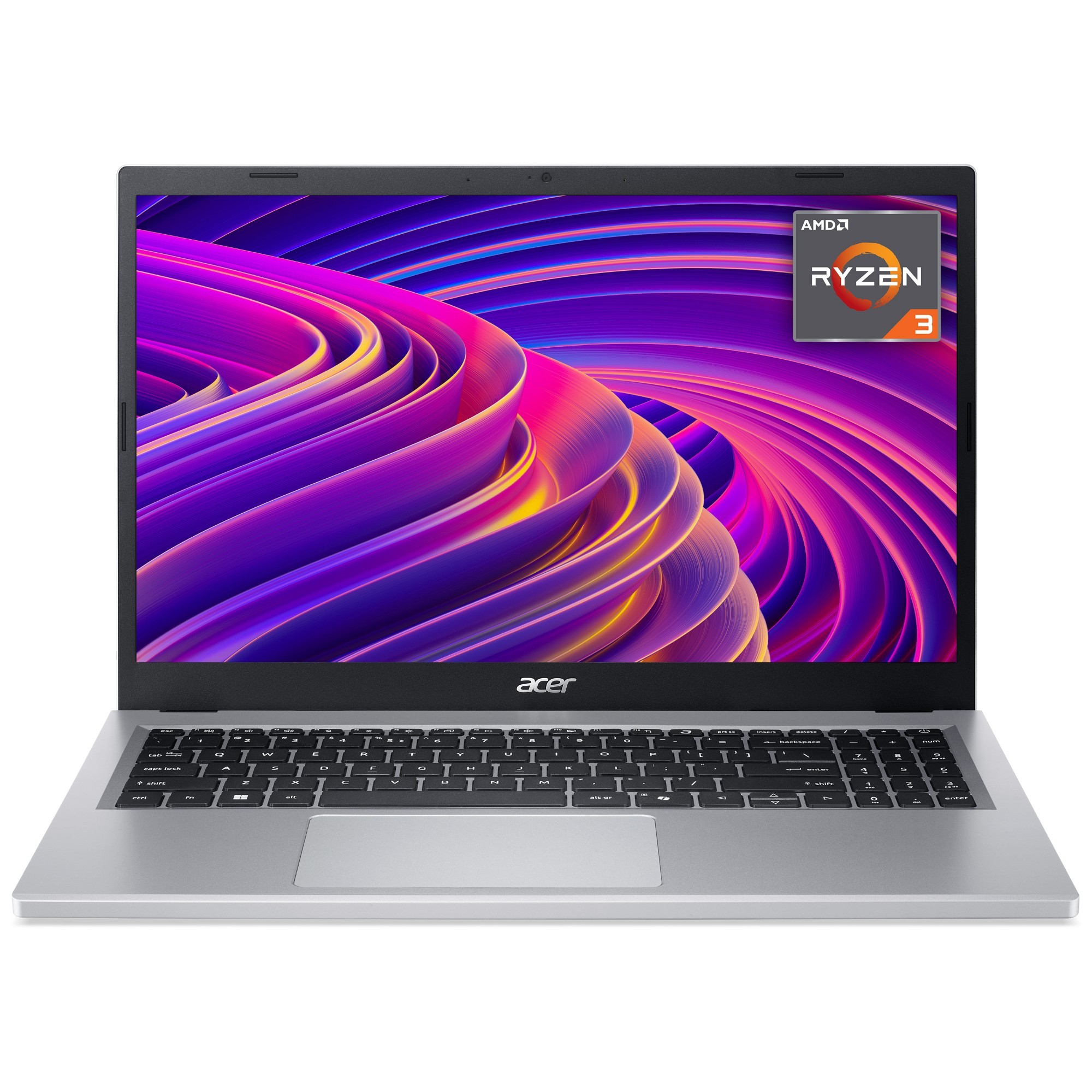 Sleek silver Acer Aspire Go 15 notebook features a 15.6" Full HD display, Ryzen 3 7320U processor, 8GB RAM, 256GB SSD, and a modern keyboard layout.