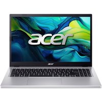 Silver Acer Aspire Go 15 laptop with Intel Core i5, black keyboard, and vibrant display showing abstract green and blue design.