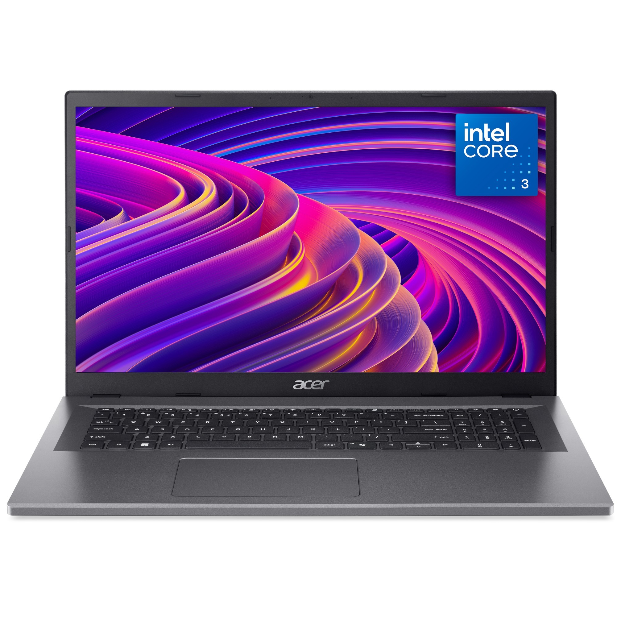 Acer Aspire Go 17 AG17-31P notebook with a 17.3" Full HD display, Intel Core i3 N355 processor, 8GB RAM, 128GB UFS storage, and Windows 11, featuring a sleek gray chassis.