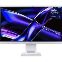 White Acer Aspire S27-B All-in-One Desktop with 27" QHD display, sleek stand, Intel Ultra 5 badge on screen.