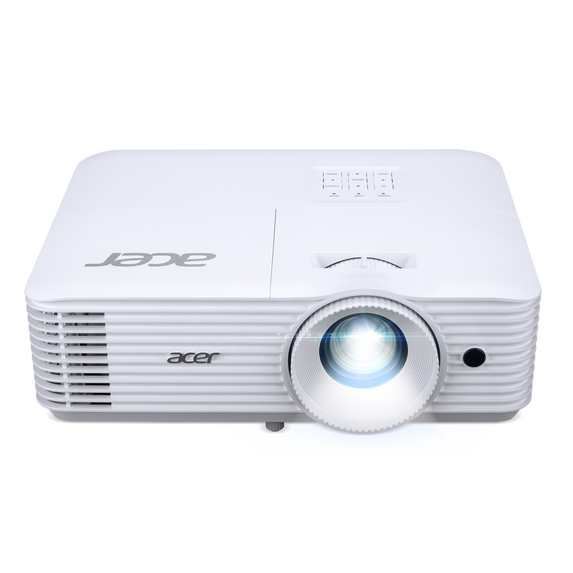 White Acer Business P1258I projector featuring a prominent lens, control buttons on top, and sleek design, ideal for professional presentations.