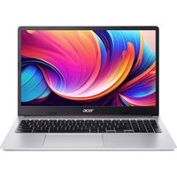 Acer Chromebook 315 with silver body, black keyboard, and vibrant display showing colorful abstract design.