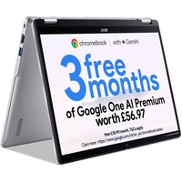 Acer Chromebook Spin 314 convertible, Intel N100, 4GB, 12", silver, tent mode, promotional screen for Google One AI Premium.
