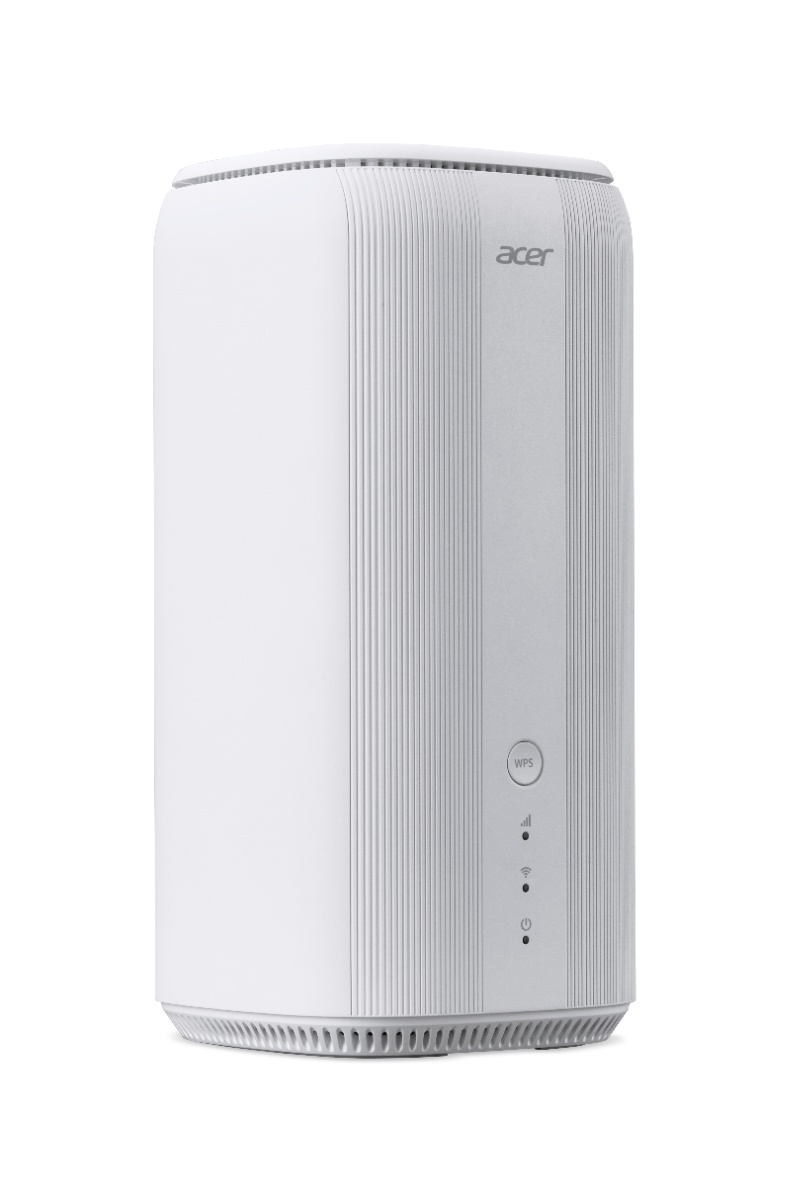 White cylindrical wireless router with vertical grooves, featuring a power button and indicator lights, designed for 5G connectivity and Gigabit Ethernet, marked with the Acer logo.