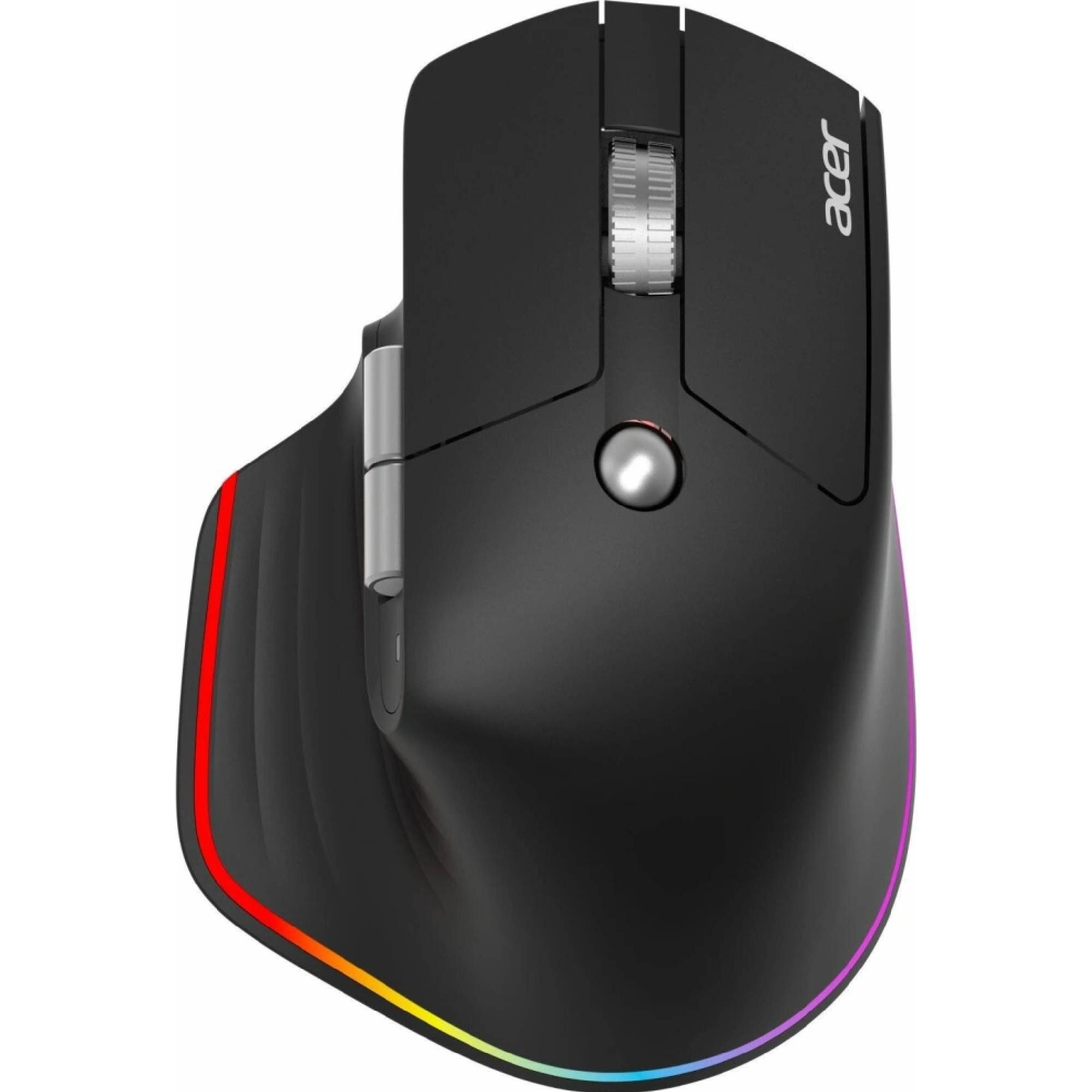 Black right-hand ergonomic wireless mouse with a sleek design, featuring a scroll wheel, side buttons, and vibrant RGB lighting along the base.