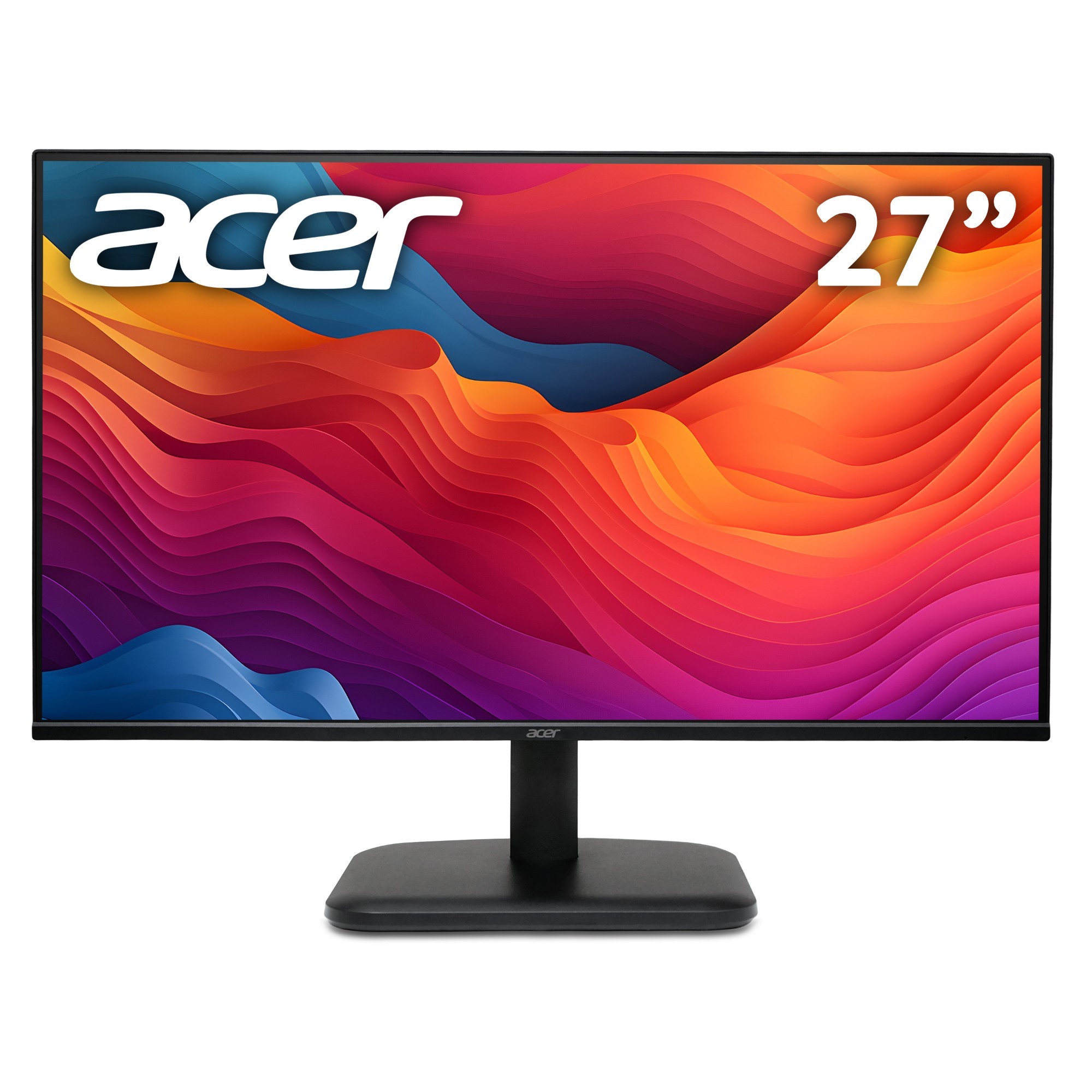 27-inch Acer EK1 EK271P6 monitor with a vibrant wavy color display, ZeroFrame design, 144Hz refresh rate, 1ms response time, and AMD FreeSync technology on a sleek black stand.
