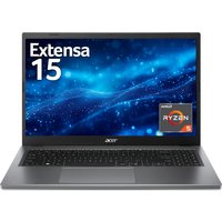 Acer Extensa 15 laptop, black keyboard, silver body, Ryzen 5 badge, Full HD display with blue abstract background