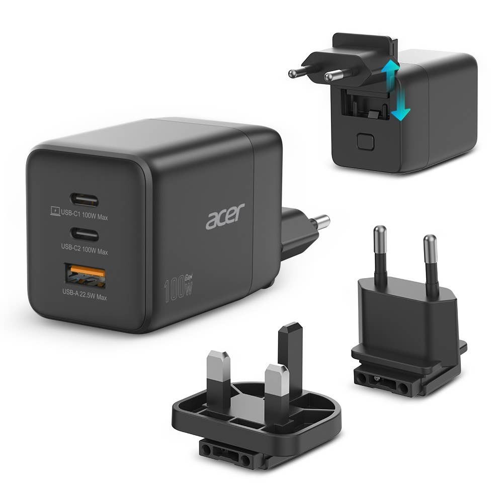 Black Acer universal mobile device charger with two USB ports, featuring a compact design and interchangeable plug adapters for different regions.