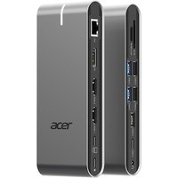 Gray Acer laptop dock with multiple ports including USB 3.2, HDMI, Ethernet, and SD card slot, sleek vertical design.