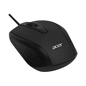 Black wired USB optical mouse with a smooth surface, ergonomic design, and textured side grips, featuring a scroll wheel and the Acer logo prominently displayed.