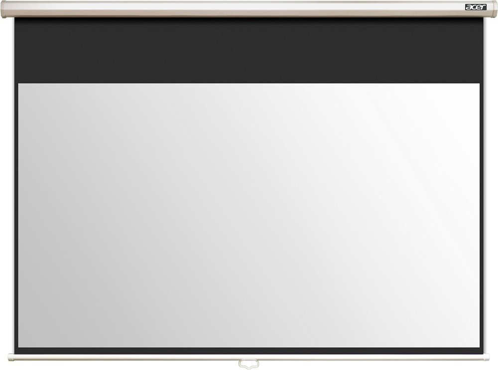 Acer M90-W01MG projection screen features a 90-inch 16:9 aspect ratio, with a sleek white surface and a black border, mounted on a silver casing for easy installation.