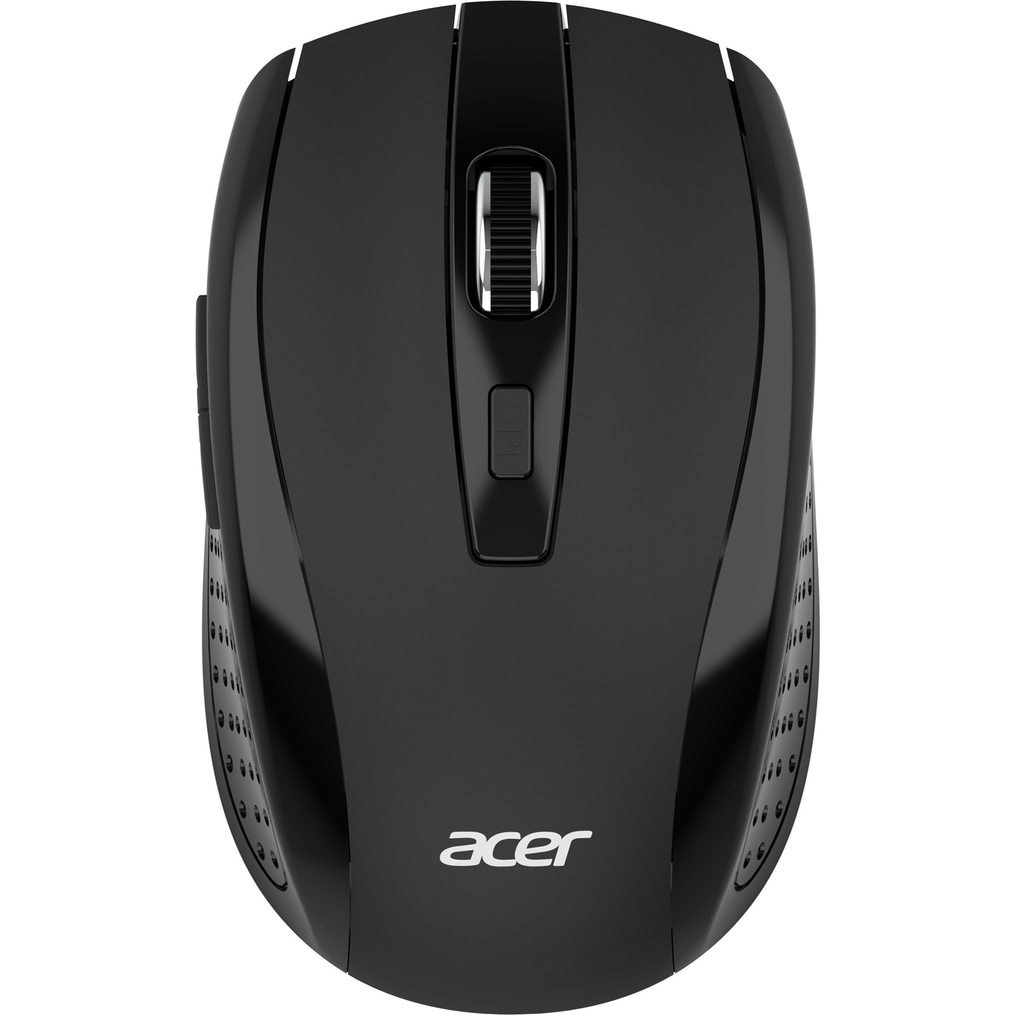 Black wireless optical mouse with a sleek design, featuring a scroll wheel, side buttons, and textured grips on the sides, branded with the Acer logo.