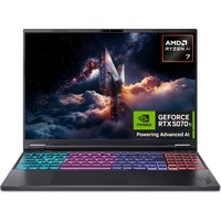 Acer Nitro 16 AI laptop with RGB keyboard, AMD Ryzen 7, 16GB RAM, 1TB SSD, NVIDIA GeForce RTX graphics, space-themed screen.
