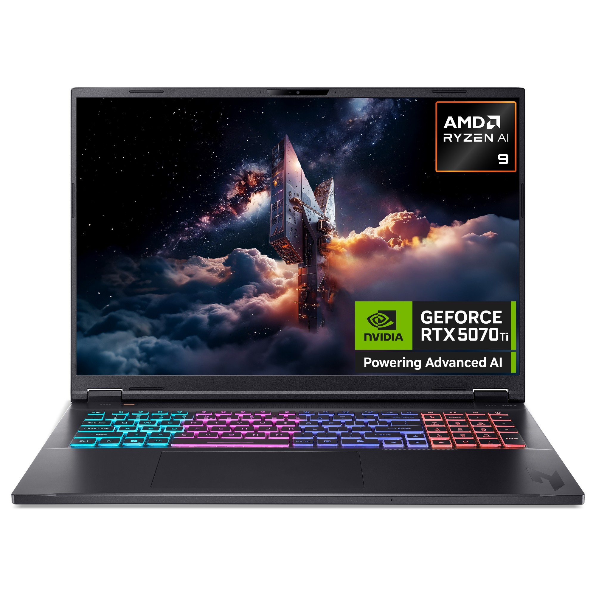 Acer Nitro 18 gaming laptop features a sleek black chassis, vibrant RGB backlit keyboard, 18" WQXGA display, and showcases AMD Ryzen AI 9 and NVIDIA GeForce RTX 5070Ti branding.