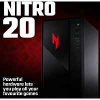 Black Acer NITRO 20 gaming desktop with red logo, sleek design, front panel ports, and minimalist style.
