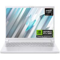 White Acer Nitro V 14 laptop with AMD Ryzen 7, 32GB RAM, 1TB SSD, NVIDIA GeForce RTX 3050, sleek geometric design.