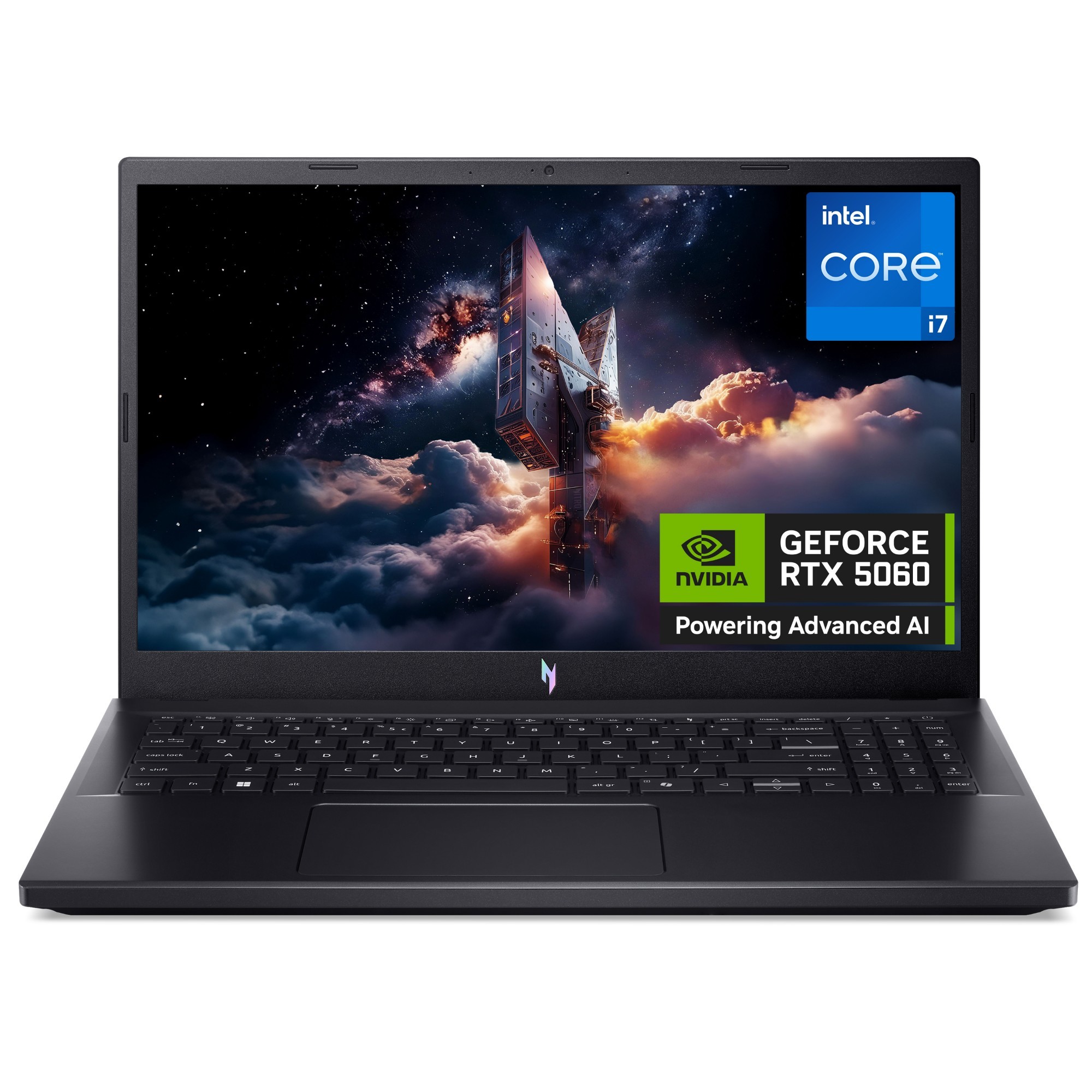 Acer Nitro V 15 laptop features a sleek black chassis, 15.6" Full HD display, Intel Core i7-13620H, 16GB RAM, 1TB SSD, and NVIDIA GeForce RTX 5060 graphics.